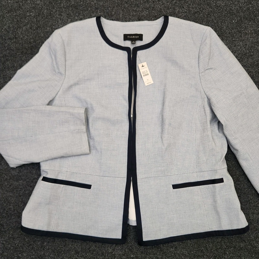 Talbots Women 16 Light Blue Tweed Jacket Lined Blazer Coat Old Money Chanel-Core